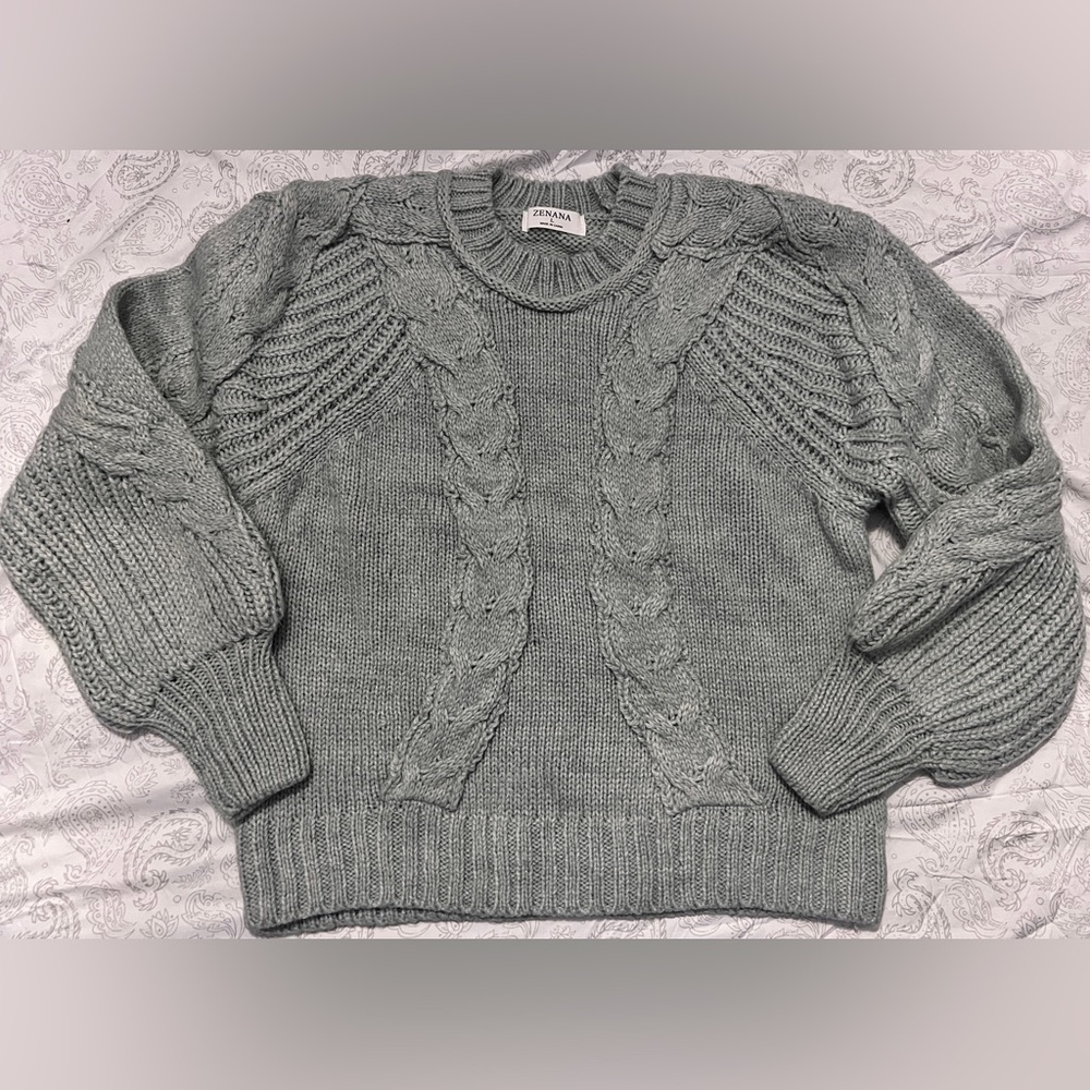 Zenana Chunky Cable Knit Sweater With Balloon Sleeves NWT Size Large